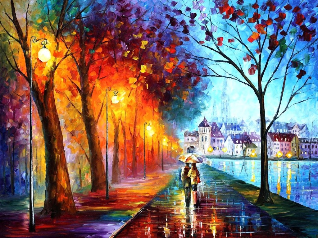 art-leonid-afremov-city-couple-couple-umbrella-umbrella-lights-houses-river-trees-park